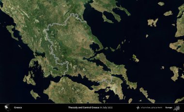 Teselya ve Orta Yunanistan. Yunanistan 'ın idari alanı, Temmuz 2022' de çekilen Global Mozaik Sentinel-2 karolarından oluşan bir uydu görüntüsüyle özetlendi