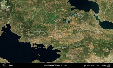 Thiva Belediyesi. Yunanistan 'ın idari alanı, Temmuz 2022' de çekilen Global Mozaik Sentinel-2 karolarından oluşan bir uydu görüntüsüyle özetlendi