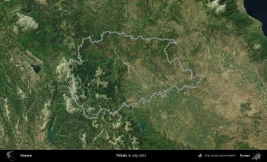 Trikala. Yunanistan 'ın idari alanı, Temmuz 2022' de çekilen Global Mozaik Sentinel-2 karolarından oluşan bir uydu görüntüsüyle özetlendi