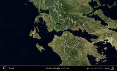 Batı Yunanistan Bölgesi. Yunanistan 'ın idari alanı, Temmuz 2022' de çekilen Global Mozaik Sentinel-2 karolarından oluşan bir uydu görüntüsüyle özetlendi