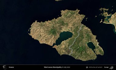 Batı Lesvos Belediyesi. Yunanistan 'ın idari alanı, Temmuz 2022' de çekilen Global Mozaik Sentinel-2 karolarından oluşan bir uydu görüntüsüyle özetlendi