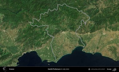 Xanthi Bölgesi. Yunanistan 'ın idari alanı, Temmuz 2022' de çekilen Global Mozaik Sentinel-2 karolarından oluşan bir uydu görüntüsüyle özetlendi