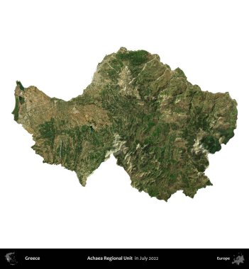 Achaea Bölgesel Birimi. Yunanistan idari bölgesi, Temmuz 2022 'de çekilen Global Mozaik Sentinel-2 karolarından oluşan bir uydu görüntüsü üzerinde beyaza izole edildi