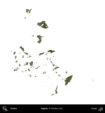 Ege. Yunanistan idari bölgesi, Ekim 2022 'de çekilen Global Mozaik Sentinel-2 karolarından oluşan bir uydu görüntüsü üzerinde beyaza izole edildi
