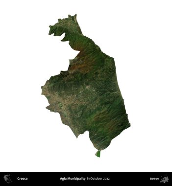 Agia Belediyesi. Yunanistan idari bölgesi, Ekim 2022 'de çekilen Global Mozaik Sentinel-2 karolarından oluşan bir uydu görüntüsü üzerinde beyaza izole edildi