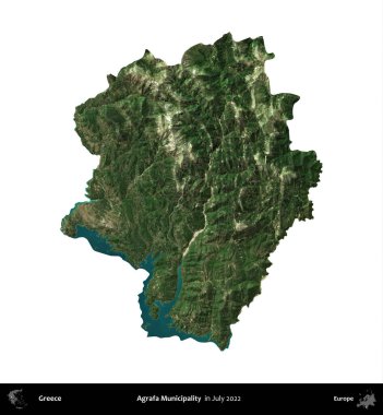 Agrafa Belediyesi. Yunanistan idari bölgesi, Temmuz 2022 'de çekilen Global Mozaik Sentinel-2 karolarından oluşan bir uydu görüntüsü üzerinde beyaza izole edildi