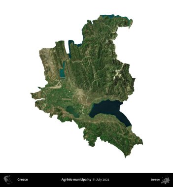 Agrinio belediyesi. Yunanistan idari bölgesi, Temmuz 2022 'de çekilen Global Mozaik Sentinel-2 karolarından oluşan bir uydu görüntüsü üzerinde beyaza izole edildi
