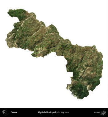 Aigialeia Belediyesi. Yunanistan idari bölgesi, Temmuz 2022 'de çekilen Global Mozaik Sentinel-2 karolarından oluşan bir uydu görüntüsü üzerinde beyaza izole edildi