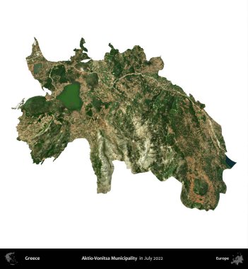 Aktio-Vonitsa Belediyesi. Yunanistan idari bölgesi, Temmuz 2022 'de çekilen Global Mozaik Sentinel-2 karolarından oluşan bir uydu görüntüsü üzerinde beyaza izole edildi