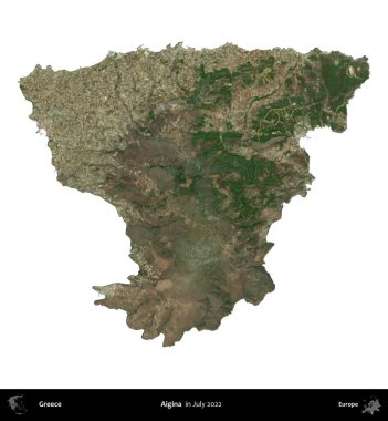 Aigina. Yunanistan idari bölgesi, Temmuz 2022 'de çekilen Global Mozaik Sentinel-2 karolarından oluşan bir uydu görüntüsü üzerinde beyaza izole edildi