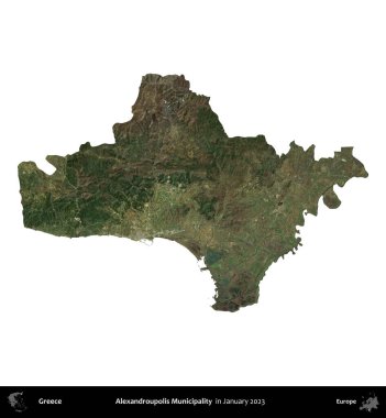 Dedeağaç Belediyesi. Yunanistan idari bölgesi, Ocak 2023 'te çekilen Global Mozaik Sentinel-2 karolarından oluşan bir uydu görüntüsü üzerinde beyaza izole edildi