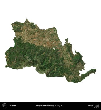 Almyros Belediyesi. Yunanistan idari bölgesi, Temmuz 2022 'de çekilen Global Mozaik Sentinel-2 karolarından oluşan bir uydu görüntüsü üzerinde beyaza izole edildi
