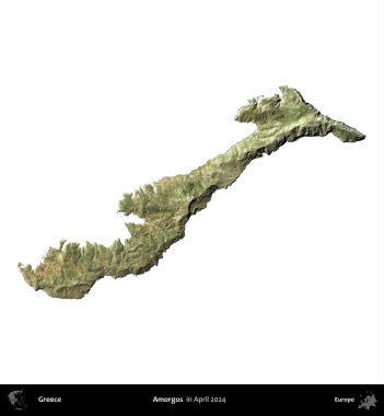 Amorgolar. Yunanistan idari bölgesi, Nisan 2024 'te çekilen Global Mozaik Sentinel-2 karolarından oluşan bir uydu görüntüsü üzerinde beyaza izole edildi