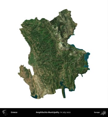 Amphilochia Belediyesi. Yunanistan idari bölgesi, Temmuz 2022 'de çekilen Global Mozaik Sentinel-2 karolarından oluşan bir uydu görüntüsü üzerinde beyaza izole edildi