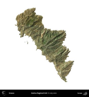 Andros Bölgesel Birimi. Yunanistan idari bölgesi, Temmuz 2022 'de çekilen Global Mozaik Sentinel-2 karolarından oluşan bir uydu görüntüsü üzerinde beyaza izole edildi