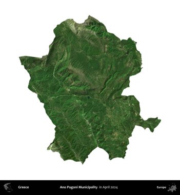 Ano Pogoni Belediyesi. Yunanistan idari bölgesi, Nisan 2024 'te çekilen Global Mozaik Sentinel-2 karolarından oluşan bir uydu görüntüsü üzerinde beyaza izole edildi