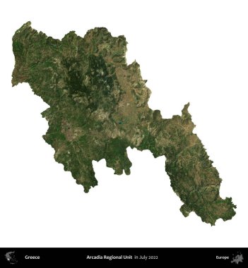 Arcadia Bölgesel Birimi. Yunanistan idari bölgesi, Temmuz 2022 'de çekilen Global Mozaik Sentinel-2 karolarından oluşan bir uydu görüntüsü üzerinde beyaza izole edildi