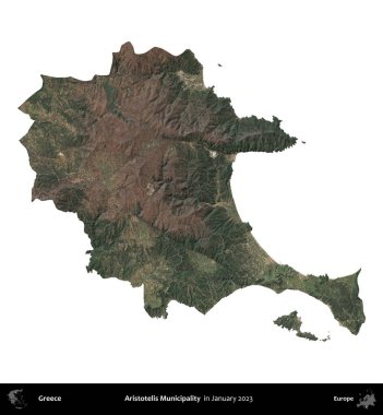 Aristo Belediyesi. Yunanistan idari bölgesi, Ocak 2023 'te çekilen Global Mozaik Sentinel-2 karolarından oluşan bir uydu görüntüsü üzerinde beyaza izole edildi