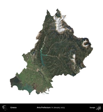 Arta Bölgesi. Yunanistan idari bölgesi, Ocak 2023 'te çekilen Global Mozaik Sentinel-2 karolarından oluşan bir uydu görüntüsü üzerinde beyaza izole edildi