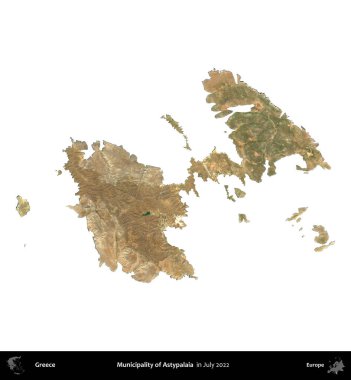 Astypalaia Belediyesi. Yunanistan idari bölgesi, Temmuz 2022 'de çekilen Global Mozaik Sentinel-2 karolarından oluşan bir uydu görüntüsü üzerinde beyaza izole edildi