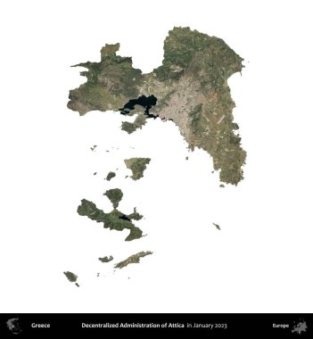 Attica. Yunanistan idari bölgesi, Ocak 2023 'te çekilen Global Mozaik Sentinel-2 karolarından oluşan bir uydu görüntüsü üzerinde beyaza izole edildi