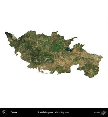 Boeotia Bölgesel Birimi. Yunanistan idari bölgesi, Temmuz 2022 'de çekilen Global Mozaik Sentinel-2 karolarından oluşan bir uydu görüntüsü üzerinde beyaza izole edildi