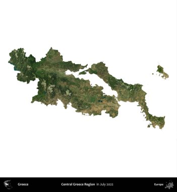 Orta Yunanistan Bölgesi. Yunanistan idari bölgesi, Temmuz 2022 'de çekilen Global Mozaik Sentinel-2 karolarından oluşan bir uydu görüntüsü üzerinde beyaza izole edildi