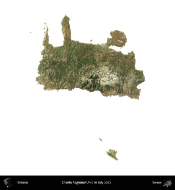 Chania Bölgesel Birimi. Yunanistan idari bölgesi, Temmuz 2022 'de çekilen Global Mozaik Sentinel-2 karolarından oluşan bir uydu görüntüsü üzerinde beyaza izole edildi