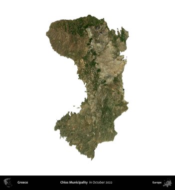 Chios Belediyesi. Yunanistan idari bölgesi, Ekim 2022 'de çekilen Global Mozaik Sentinel-2 karolarından oluşan bir uydu görüntüsü üzerinde beyaza izole edildi