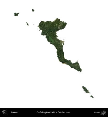 Korfu Bölgesel Birimi. Yunanistan idari bölgesi, Ekim 2022 'de çekilen Global Mozaik Sentinel-2 karolarından oluşan bir uydu görüntüsü üzerinde beyaza izole edildi