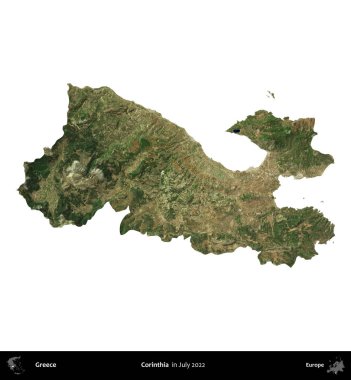 Korinthia 'da. Yunanistan idari bölgesi, Temmuz 2022 'de çekilen Global Mozaik Sentinel-2 karolarından oluşan bir uydu görüntüsü üzerinde beyaza izole edildi