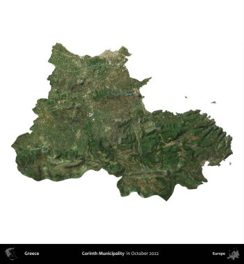 Corinth Belediyesi. Yunanistan idari bölgesi, Ekim 2022 'de çekilen Global Mozaik Sentinel-2 karolarından oluşan bir uydu görüntüsü üzerinde beyaza izole edildi