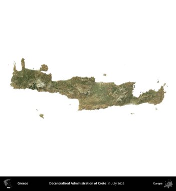 Girit. Yunanistan idari bölgesi, Temmuz 2022 'de çekilen Global Mozaik Sentinel-2 karolarından oluşan bir uydu görüntüsü üzerinde beyaza izole edildi