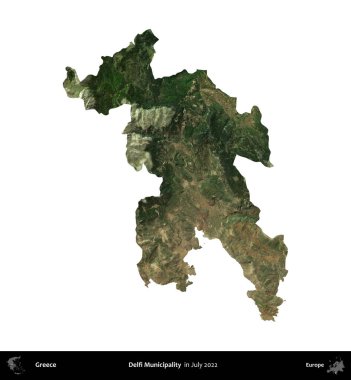Delfi Belediyesi. Yunanistan idari bölgesi, Temmuz 2022 'de çekilen Global Mozaik Sentinel-2 karolarından oluşan bir uydu görüntüsü üzerinde beyaza izole edildi