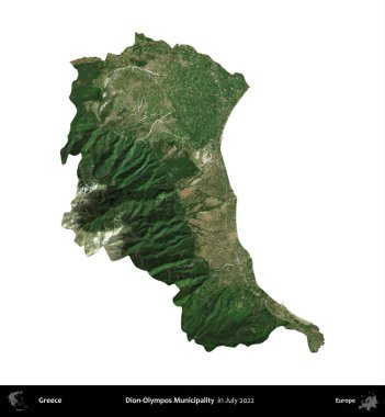 Dion-Olympmpos Belediyesi. Yunanistan idari bölgesi, Temmuz 2022 'de çekilen Global Mozaik Sentinel-2 karolarından oluşan bir uydu görüntüsü üzerinde beyaza izole edildi