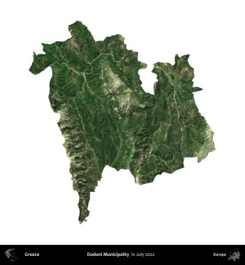 Dodoni Belediyesi. Yunanistan idari bölgesi, Temmuz 2022 'de çekilen Global Mozaik Sentinel-2 karolarından oluşan bir uydu görüntüsü üzerinde beyaza izole edildi