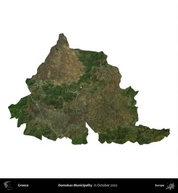 Domokos Belediyesi. Yunanistan idari bölgesi, Ekim 2022 'de çekilen Global Mozaik Sentinel-2 karolarından oluşan bir uydu görüntüsü üzerinde beyaza izole edildi