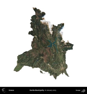 Dorida Belediyesi. Yunanistan idari bölgesi, Ocak 2023 'te çekilen Global Mozaik Sentinel-2 karolarından oluşan bir uydu görüntüsü üzerinde beyaza izole edildi