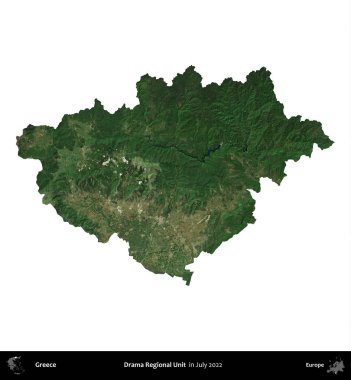 Drama Bölgesel Birimi. Yunanistan idari bölgesi, Temmuz 2022 'de çekilen Global Mozaik Sentinel-2 karolarından oluşan bir uydu görüntüsü üzerinde beyaza izole edildi