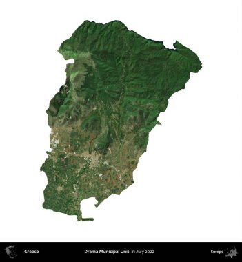 Drama Belediye Birimi. Yunanistan idari bölgesi, Temmuz 2022 'de çekilen Global Mozaik Sentinel-2 karolarından oluşan bir uydu görüntüsü üzerinde beyaza izole edildi