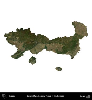 Doğu Makedonya ve Trakya. Yunanistan idari bölgesi, Ekim 2022 'de çekilen Global Mozaik Sentinel-2 karolarından oluşan bir uydu görüntüsü üzerinde beyaza izole edildi