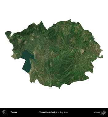 Edessa Belediyesi. Yunanistan idari bölgesi, Temmuz 2022 'de çekilen Global Mozaik Sentinel-2 karolarından oluşan bir uydu görüntüsü üzerinde beyaza izole edildi