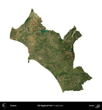 Elis Bölgesel Birimi. Yunanistan idari bölgesi, Temmuz 2022 'de çekilen Global Mozaik Sentinel-2 karolarından oluşan bir uydu görüntüsü üzerinde beyaza izole edildi