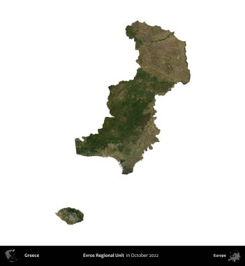 Evros Bölgesel Birimi. Yunanistan idari bölgesi, Ekim 2022 'de çekilen Global Mozaik Sentinel-2 karolarından oluşan bir uydu görüntüsü üzerinde beyaza izole edildi