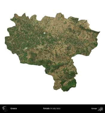 Farsala. Yunanistan idari bölgesi, Temmuz 2022 'de çekilen Global Mozaik Sentinel-2 karolarından oluşan bir uydu görüntüsü üzerinde beyaza izole edildi