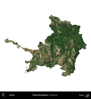 Filiates Belediyesi. Yunanistan idari bölgesi, Temmuz 2022 'de çekilen Global Mozaik Sentinel-2 karolarından oluşan bir uydu görüntüsü üzerinde beyaza izole edildi