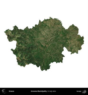 Grevena Belediyesi. Yunanistan idari bölgesi, Temmuz 2022 'de çekilen Global Mozaik Sentinel-2 karolarından oluşan bir uydu görüntüsü üzerinde beyaza izole edildi