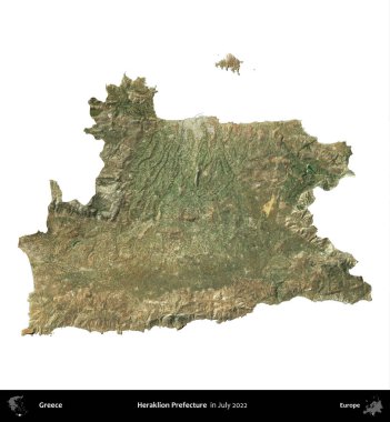 Heraklion Bölgesi. Yunanistan idari bölgesi, Temmuz 2022 'de çekilen Global Mozaik Sentinel-2 karolarından oluşan bir uydu görüntüsü üzerinde beyaza izole edildi