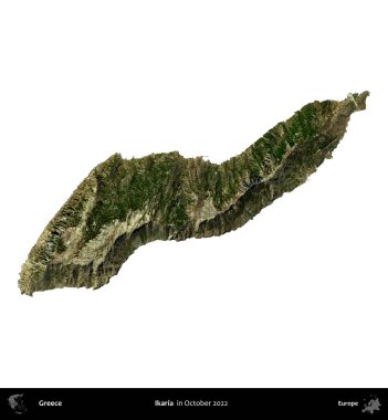 İkaria. Yunanistan idari bölgesi, Ekim 2022 'de çekilen Global Mozaik Sentinel-2 karolarından oluşan bir uydu görüntüsü üzerinde beyaza izole edildi