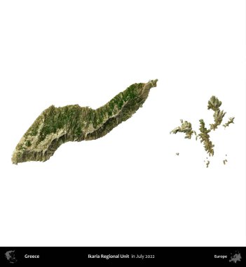 İkaria Bölgesel Birimi. Yunanistan idari bölgesi, Temmuz 2022 'de çekilen Global Mozaik Sentinel-2 karolarından oluşan bir uydu görüntüsü üzerinde beyaza izole edildi